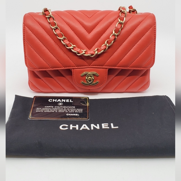 Chanel Lambskin Chevron Quilted Rectangular Flap Orange Mini - Picture 1 of 16
